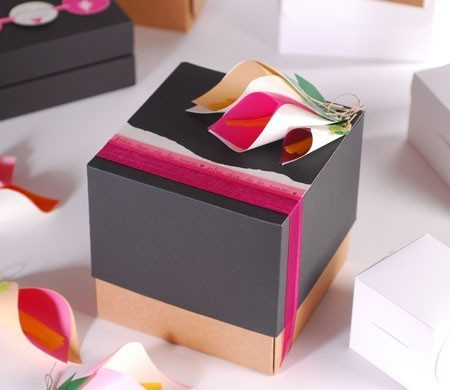 Boîte Cube Cadeau avec Ruban et Fleurs