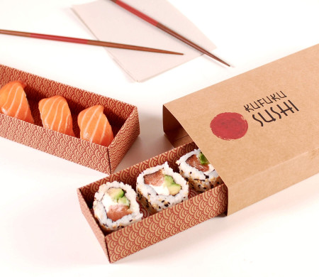 Boîte en carton allongée pour sushis avec bandeau